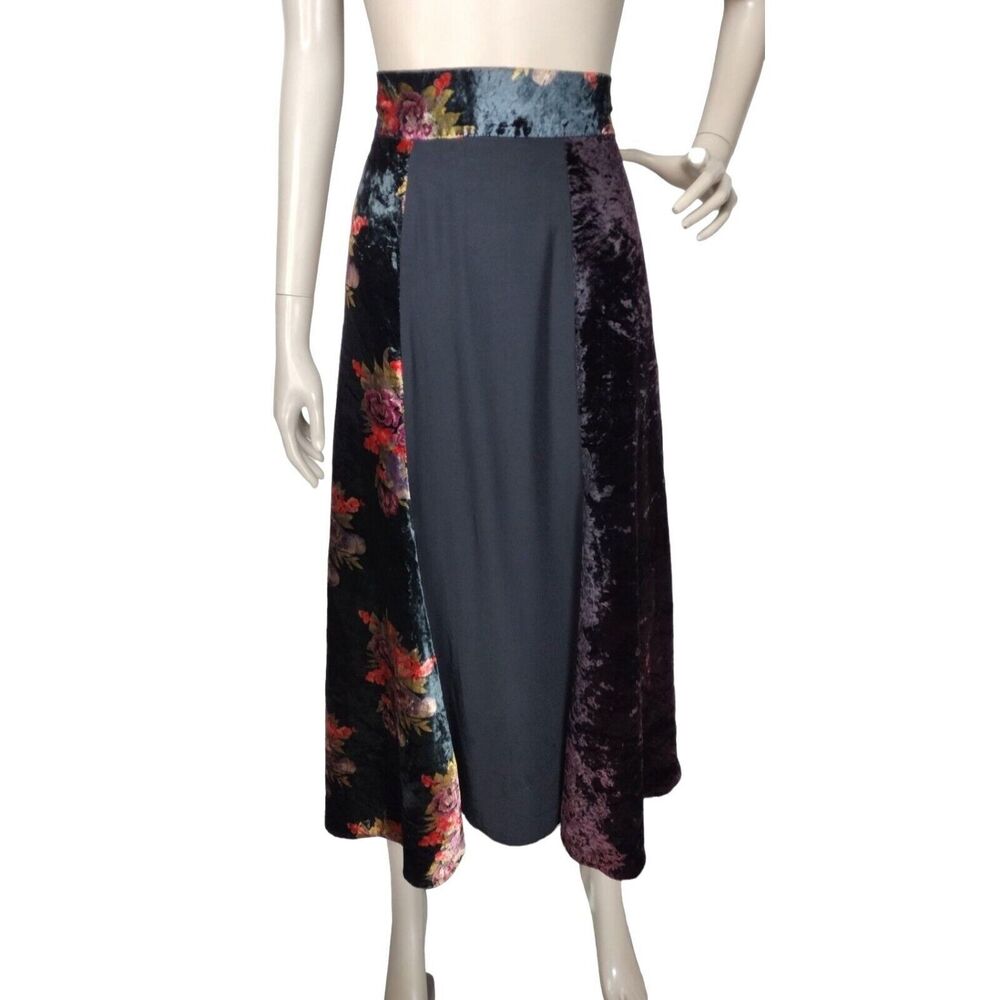 Vintage 90s Black Velvet Burgundy Floral Paneled Gypsy Bohemian Long Maxi Skirt